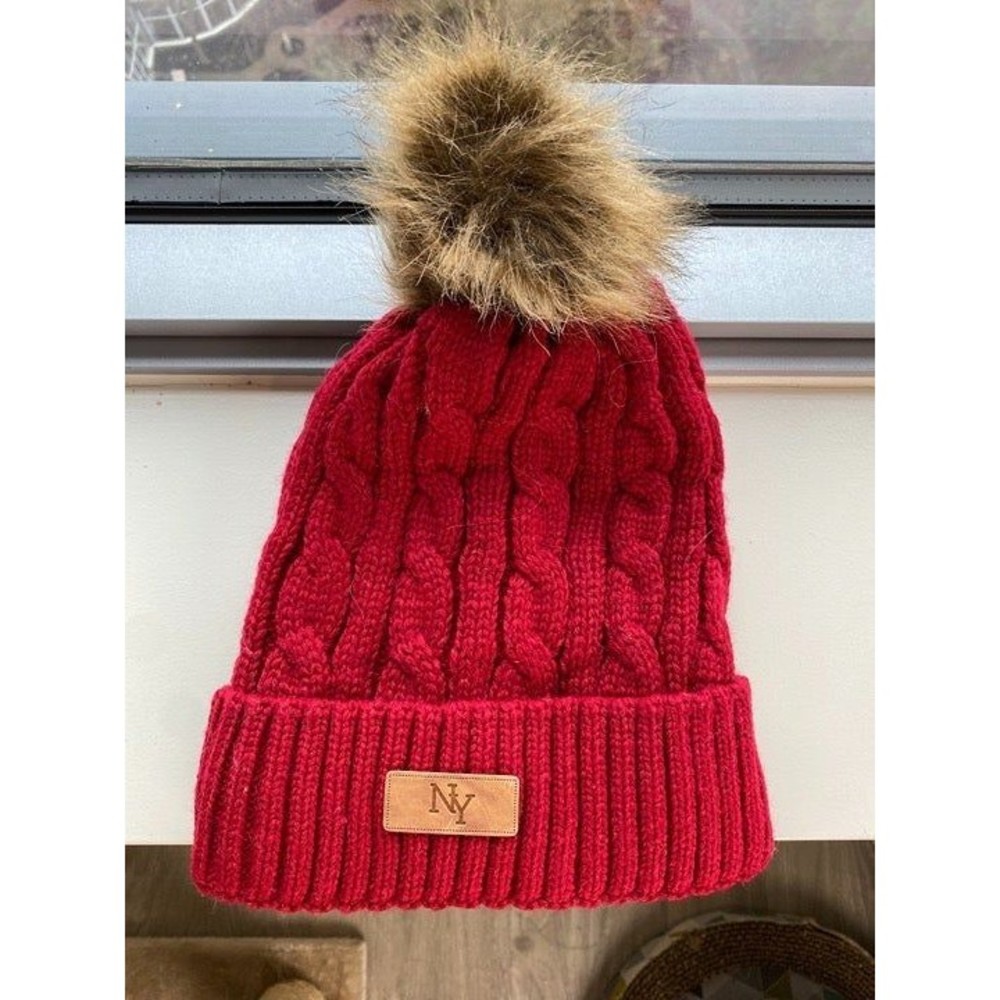 Red NY Cable Knit Fleece Beanie With Pom